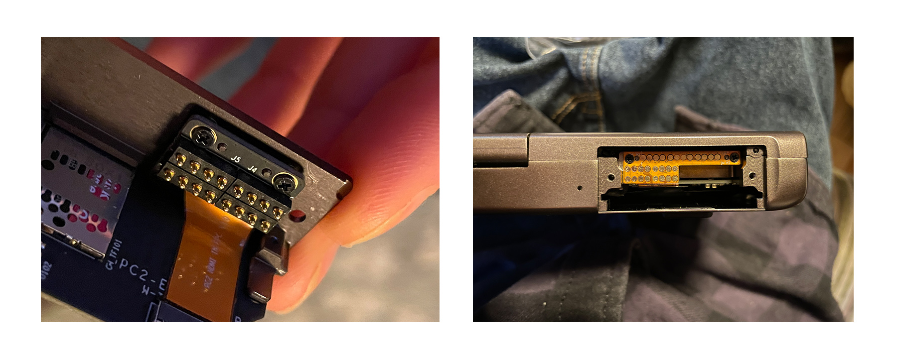 The pogo pin connectors on a stock module, and their counterpart pads on the flat-flex connector of the GPD Pocket 3